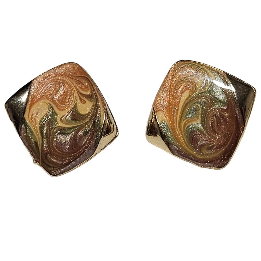 Vintage Art Deco Marbled Glitter Swirl Stud Earrings Autumn Inspired Hues Women